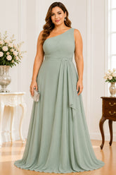Sage Green One-Shoulder Chiffon Plus Size Maxi Dress