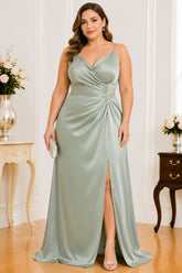 Sage Green Satin Spaghetti Strap Plus Size Maxi Dress