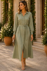 Sage Serenity Belted Shirt Midi Dress