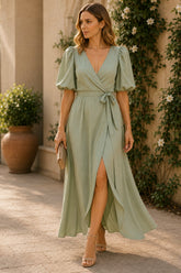 Sage Whisper Puff Sleeve Wrap Maxi Dress