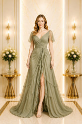 Sage Flutter Sleeve Chiffon Maxi Dress
