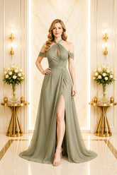 Sage Halter Neck Chiffon Maxi Dress