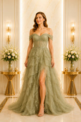 Sage Lace Tiered High Low Dress
