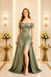 Sage Off Shoulder Ruched Maxi Dress