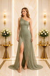 Sage One Shoulder Pleated Maxi Dress