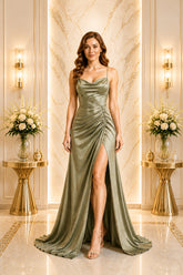 Sage Satin Ruched Maxi Dress