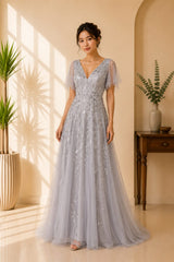 Silver Sparkly Tulle Evening Dress