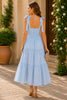 Sky Blue Bow Strap Tiered Midi Dress