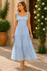 Sky Blue Bow Strap Tiered Midi Dress