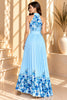 Sky Blue Floral Pleated Halter Maxi Dress