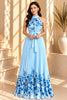 Sky Blue Floral Pleated Halter Maxi Dress