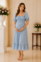 Sky Blue Floral Puff Sleeve Midi Dress