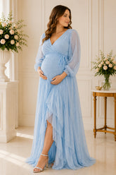 Sky Blue Ruffle Wrap Maternity Gown