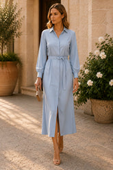 Sky Elegance Belted Shirt Midi Dress