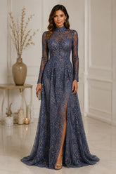 Slate Blue Embroidered Lace Evening Gown