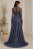 Slate Blue Embroidered Lace Evening Gown