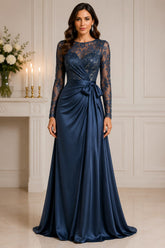 Slate Blue Lace Satin Wrap Gown