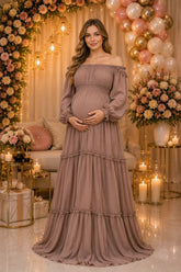Taupe Off Shoulder Tiered Maternity Maxi Dress