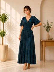 Teal Glitter Pleated Formal Maxi Dress
