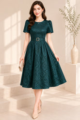 Teal Jacquard Belted Fit & Flare Midi Dress