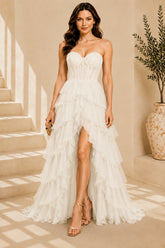 White Corset Ruffle High Low Gown