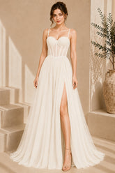 White Corset Tulle High Slit Evening Gown