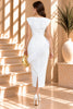 White Feather Trim Ruched Midi Dress