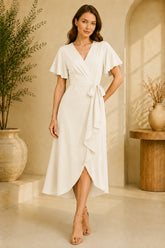White Flutter Sleeve Wrap Midi Dress