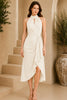 White Halter Draped Wrap Midi Dress