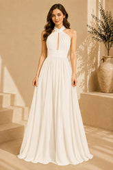 White Halter Ruffle Evening Gown