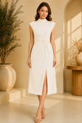 White High Neck Knot Waist Midi Dress