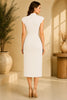 White High Neck Knot Waist Midi Dress
