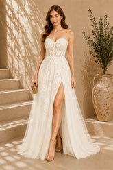 White Lace Applique High Slit Tulle Evening