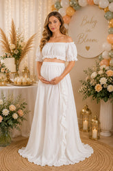 White Off Shoulder Ruffle Maternity Maxi Dress