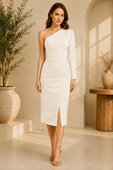 White One Shoulder Ruched Midi Dress