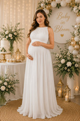 White Pleated Halter Neck Maternity Maxi Dress