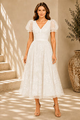 White Puff Sleeve Belted Midi Dress