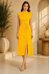 Yellow High Neck Knot Waist Midi Dress