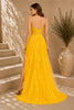 Yellow Lace Applique High Slit Tulle Evening
