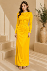 Yellow Long Sleeve Draped Satin Column Gown