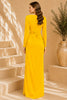 Yellow Long Sleeve Draped Satin Column Gown