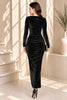 Black Velvet Ruched Long Sleeve Midi Dress