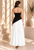 Black White Strapless Draped Cape Pleated Maxi Dress