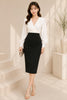 Black & White Wrap Bodice Pencil Midi Dress