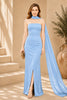 Blue Cape Column Evening Gown