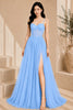 Blue Corset Tulle High Slit Evening Gown