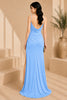 Blue Cowl Neck High Slit Evening Gown