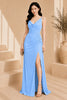 Blue Cowl Neck High Slit Evening Gown