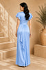 Blue Flutter Sleeve Wrap Evening Gown