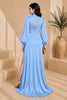Blue Keyhole Balloon Sleeve Evening Gown